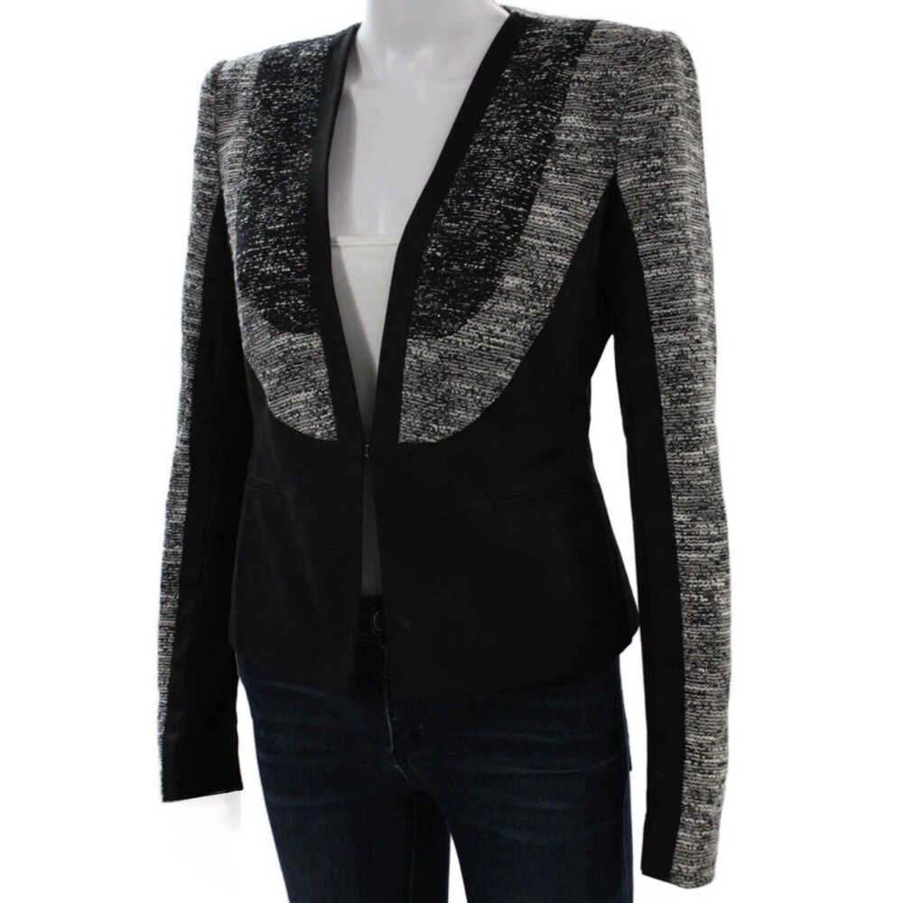 BCBG Max Azria V Neck Fitted Blazer Women Size S Black Gray Colorblock Pockets